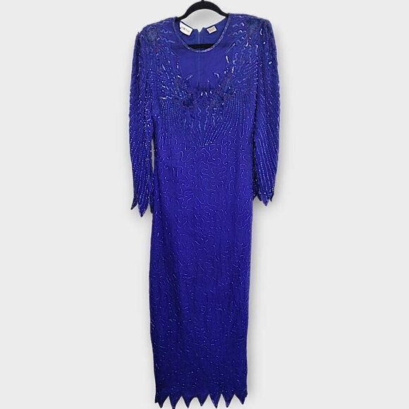 VTG Denise Elle Formal Gown‎ Sz Medium Blue Silk Beaded 80s Maxi Mermaid Glam - Picture 1 of 16